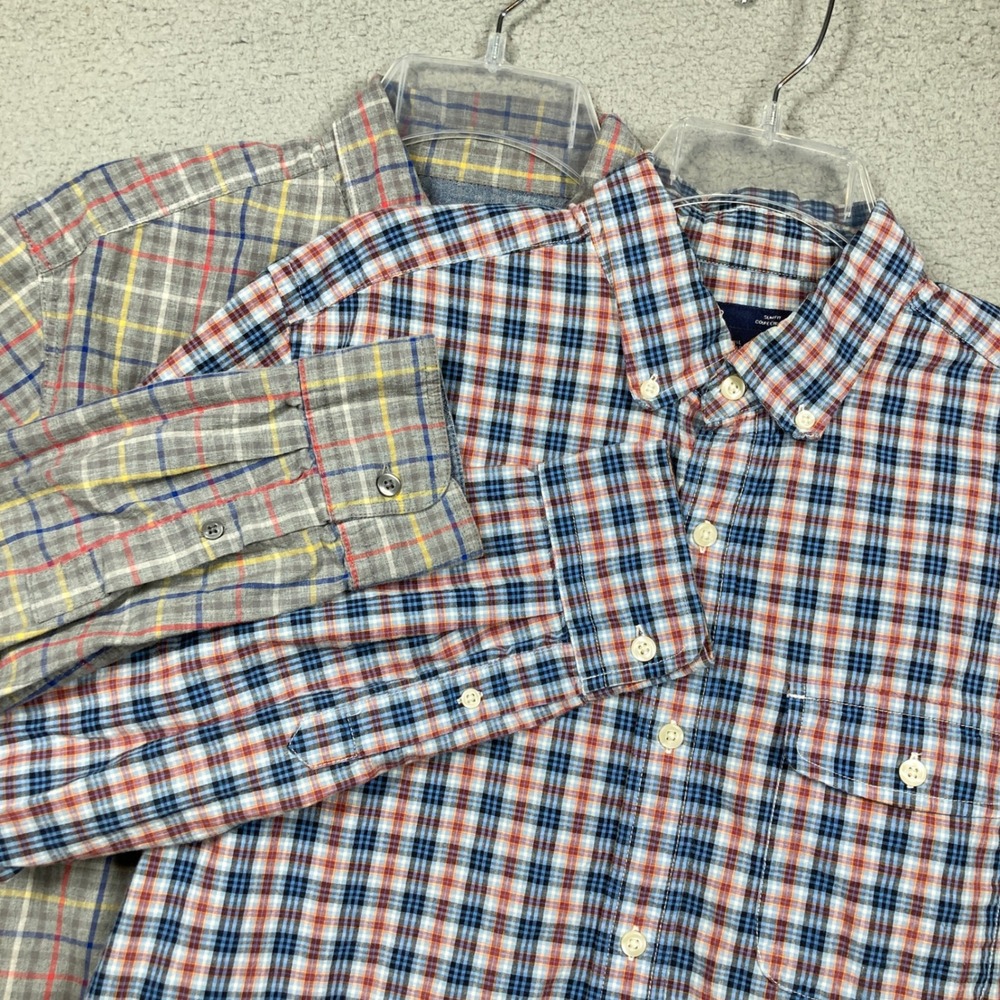 Gap Button Down Shirts Mens Large Slim Fit Plaid Check Grey Blue 2 Pack Bundle